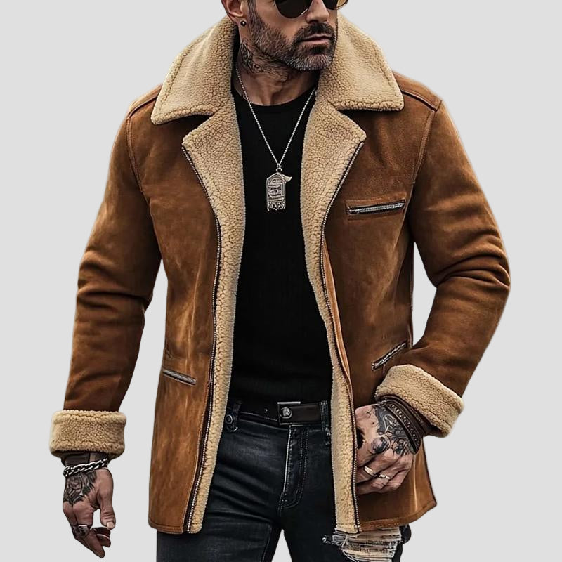 Michał | Męski zamszowy płaszcz z kołnierzem i kieszeniami