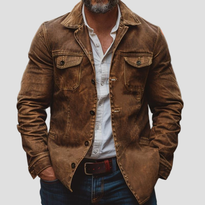 Kacper | Vintage przecierana skórzana kurtka z kołnierzem i detalami roboczymi